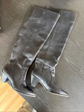 Vince Camuto Black Leather Knee-High Pointed Toe Boots